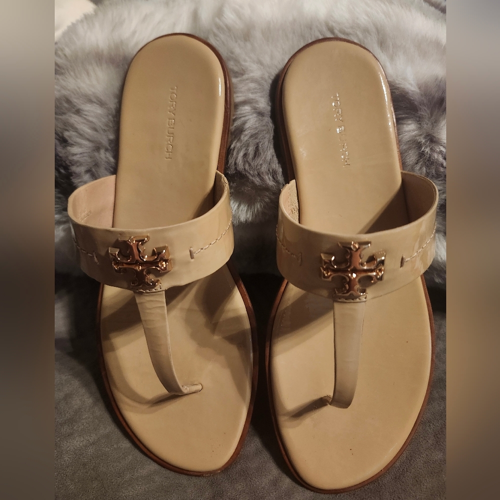Tory Burch Beige Sandals with Gold Logo